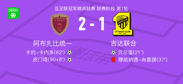 阿布扎比和谐2-1逆转吉达蚁集，皮门塔、卡约-卡内多破门