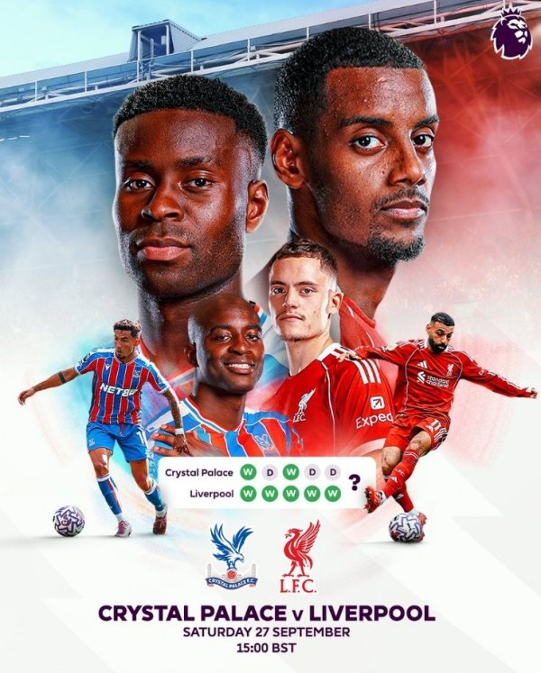 英超官方晒利物浦VS水晶宫海报：唯二两支不败球队谁能继续？