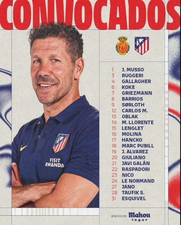 马竞联赛大名单：小蜘蛛复出，格列兹曼、加拉格尔、科克在列