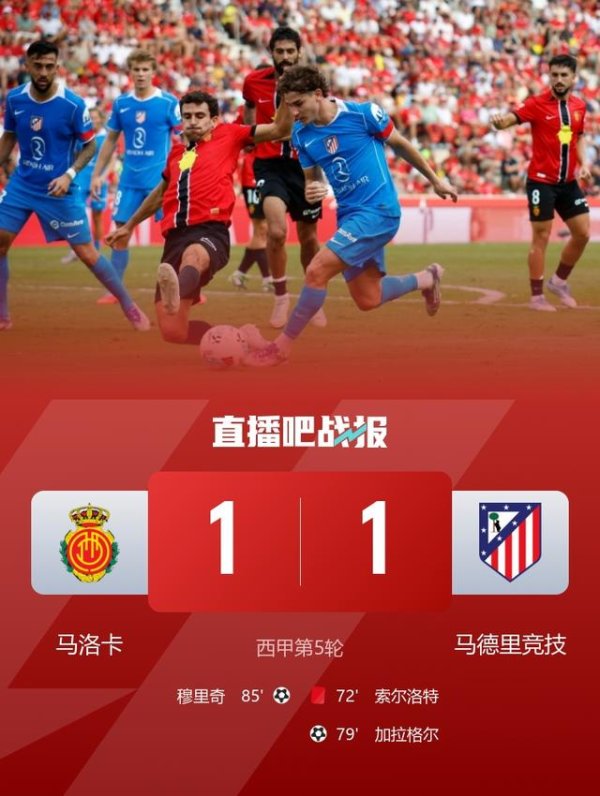 5轮1胜仅6分！十东谈主马竞1-1马洛卡 小蜘蛛失点索尔洛特替补染红